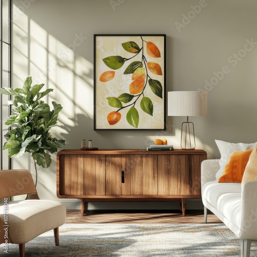 Trendy and cozy spring living room with a mock-up poster frame, sleek wooden sideboard, soft white sofa, green plant stand with vibrant leaves