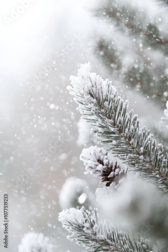 A snow-covered pine tree adorned with a single pine cone, set against a serene winter backdrop.