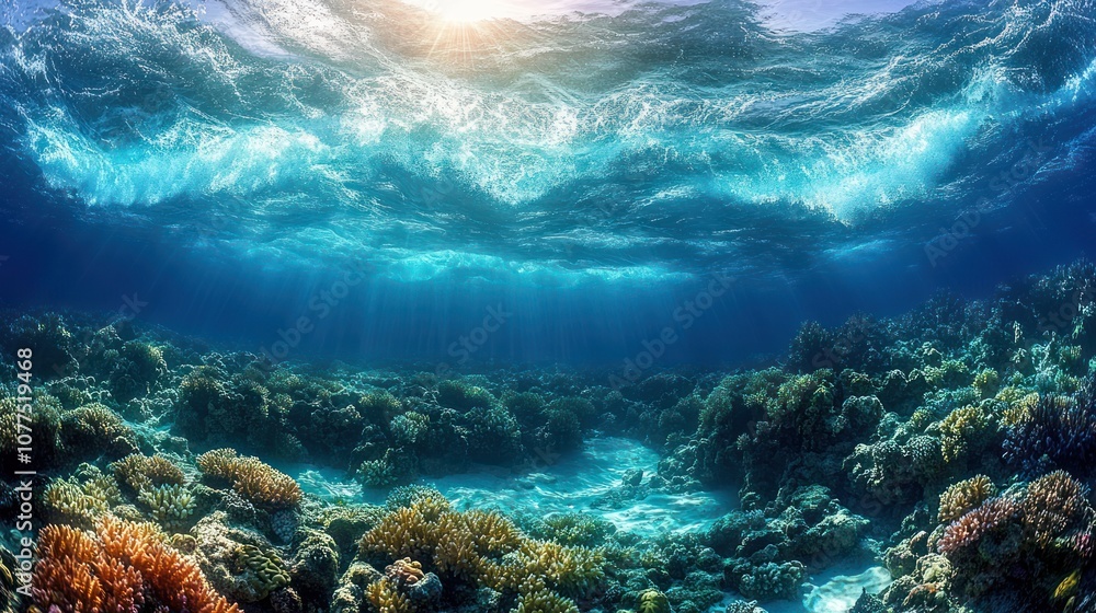 Underwater view of a vibrant coral reef with sunlight shining through the surface. Underwater view of a vibrant coral reef with sunlight shining through the surface.