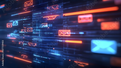 Futuristic email campaign rendering with glowing digital envelopes, red and blue highlights, and a sleek data flow pattern on a high-tech background