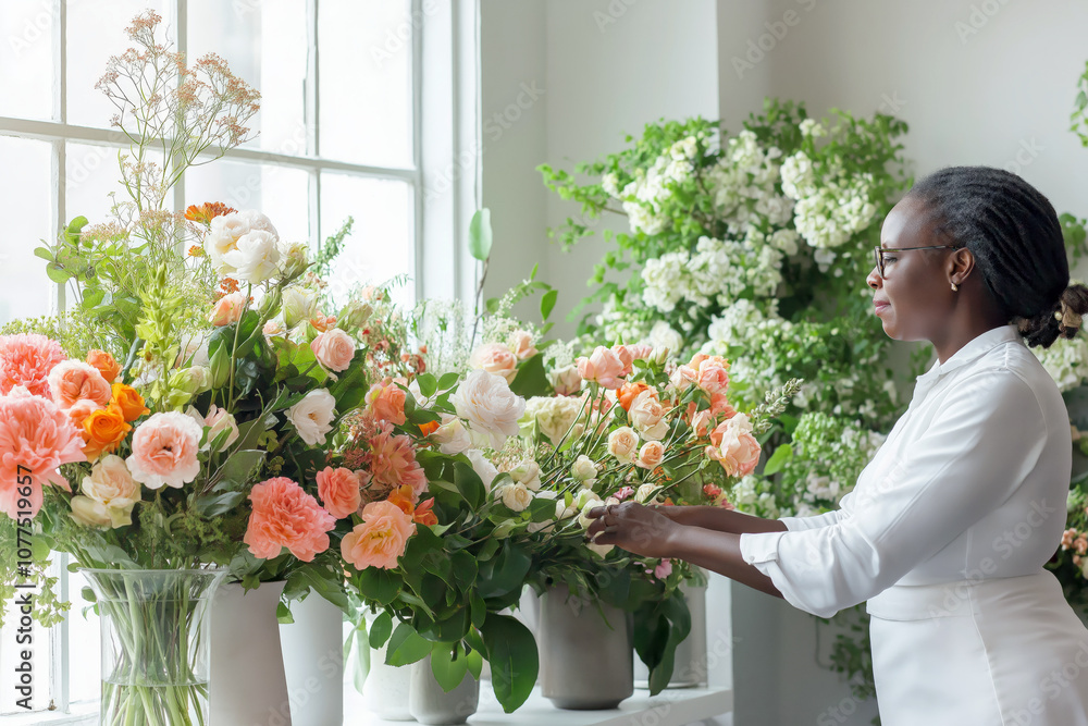 Experienced florist consultant arranging a stunning floral display in a bright, airy shop. Experienced florist consultant arranging a stunning floral display in a bright, airy shop.