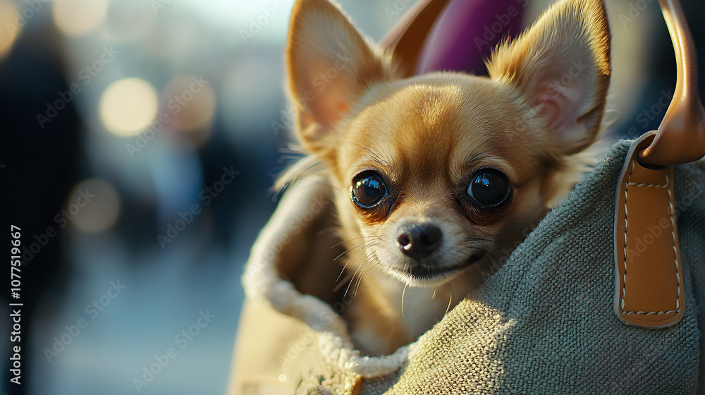 A sweet Chihuahua peeking out from a soft handbag enjoying a day out in a bustling city. A sweet Chihuahua peeking out from a soft handbag enjoying a day out in a bustling city.