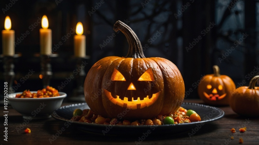Obraz premium Glowing carved pumpkin centerpiece surrounded by Halloween-themed treats