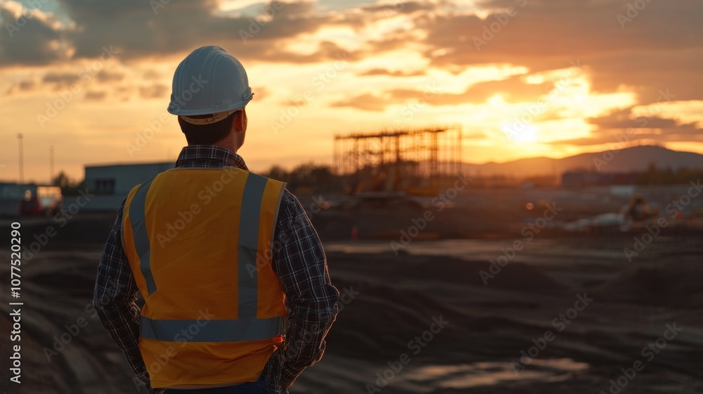 Fototapeta premium Construction worker watches the sunset at a job site in the evening sky