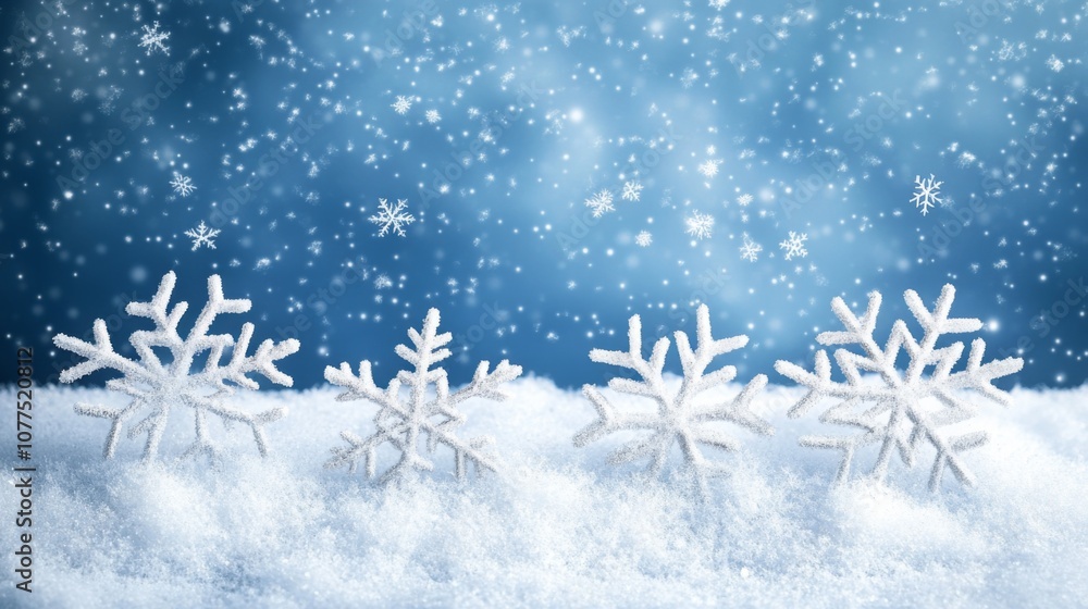 Five White Snowflakes in a Snowy Landscape with a Blue Sky Background Five White Snowflakes in a Snowy Landscape with a Blue Sky Background