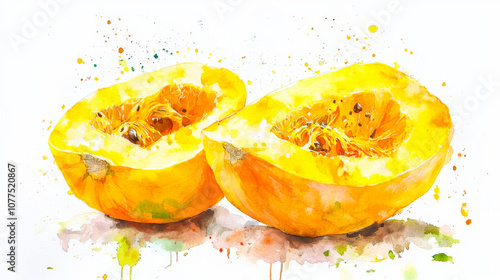 The vibrant yellow squash is cut in half, displaying its interior with seeds and fibers. The background emphasizes the bright colors and textures of the squash