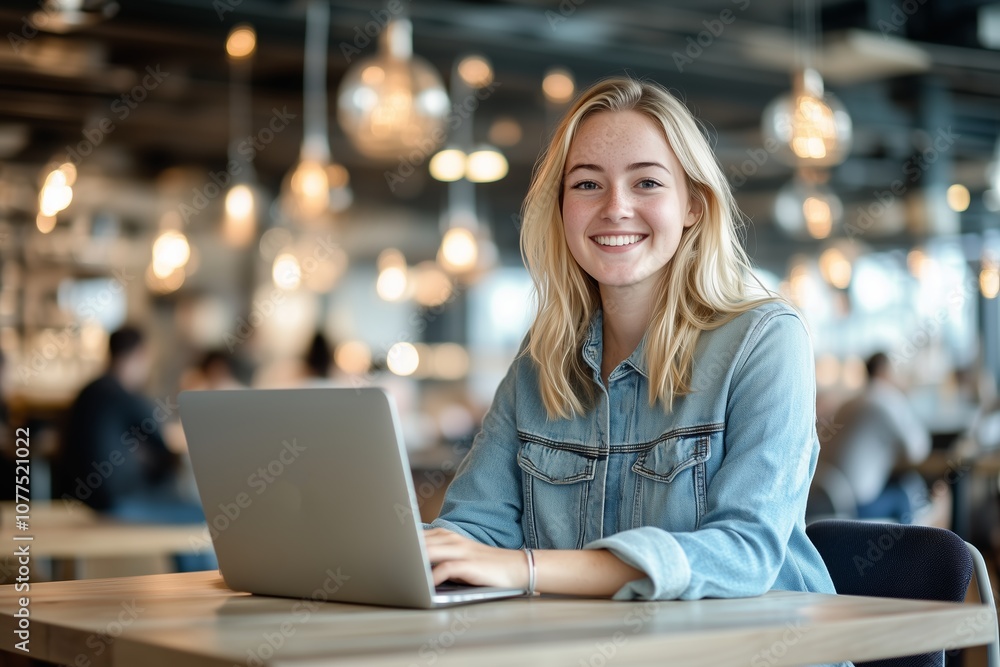 Smiling Woman in Denim Using Laptop at Cozy Café Smiling Woman in Denim Using Laptop at Cozy Café