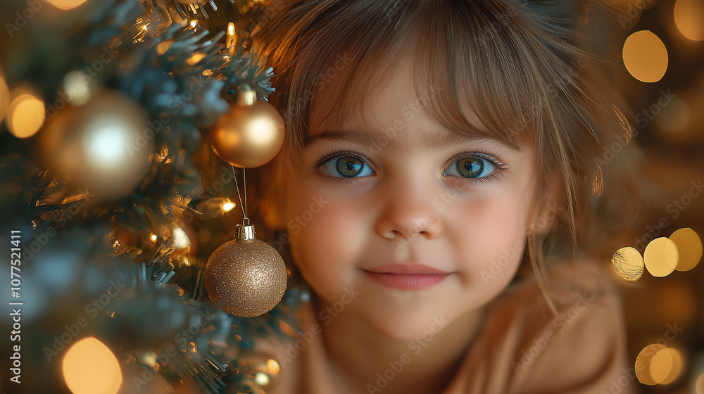 Adorable girl decorating christmas tree standing at home Adorable girl decorating christmas tree standing at home