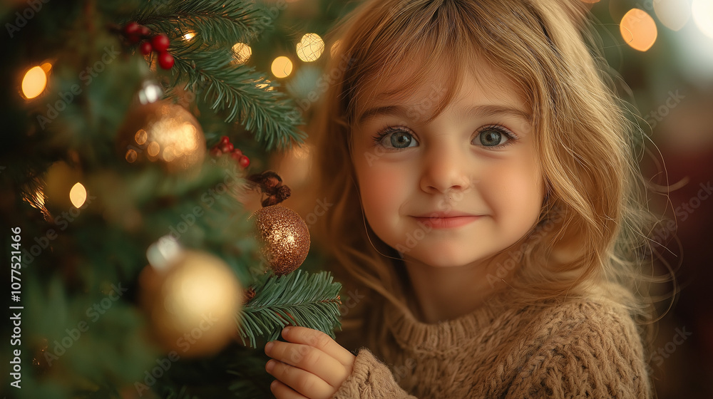 Adorable girl decorating christmas tree standing at home Adorable girl decorating christmas tree standing at home