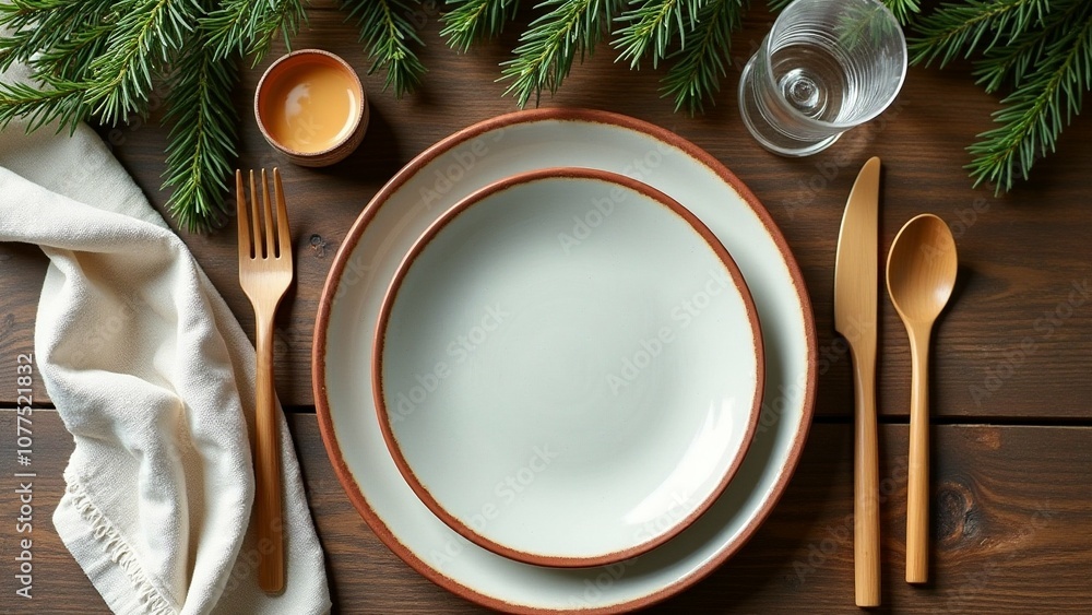 A wooden table is set with plates, spoons, forks, knives, a glass of water, and arranged leaves, all placed on a cloth, creating a festive and elegant atmosphere. A wooden table is set with plates, spoons, forks, knives, a glass of water, and arranged leaves, all placed on a cloth, creating a festive and elegant atmosphere.