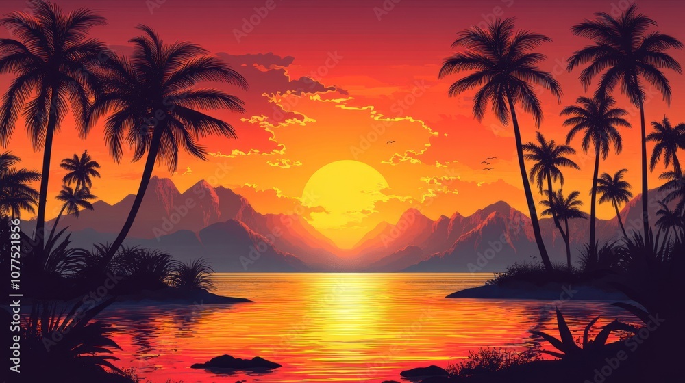 A vibrant orange and red sunset over a tropical island with silhouette palm trees, mountains, and the ocean in the foreground. A vibrant orange and red sunset over a tropical island with silhouette palm trees, mountains, and the ocean in the foreground.