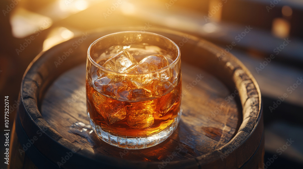 A glass of whiskey on the rocks sits in a wooden barrel. The icy drink, perhaps whiskey or cognac, is in a rustic oak barrel. A glass of whiskey on the rocks sits in a wooden barrel. The icy drink, perhaps whiskey or cognac, is in a rustic oak barrel.