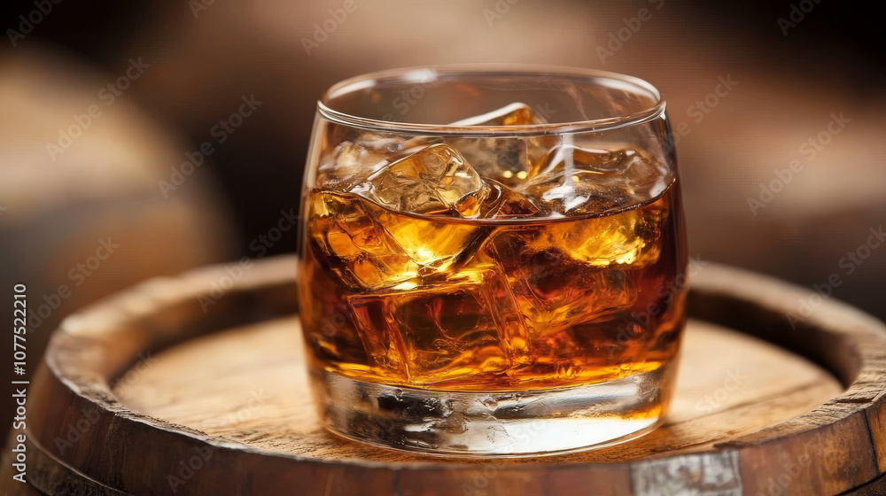 A glass of whiskey on the rocks sits in a wooden barrel. The icy drink, perhaps whiskey or cognac, is in a rustic oak barrel. A glass of whiskey on the rocks sits in a wooden barrel. The icy drink, perhaps whiskey or cognac, is in a rustic oak barrel.