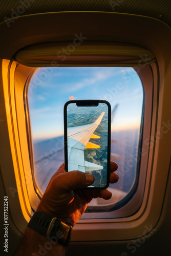 Airplane wing through smartphone window view photo