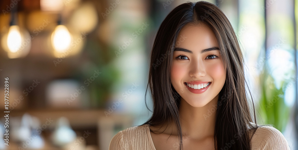 Obraz premium A young woman with long black hair smiles brightly in a cafe. The natural light from the windows and cafe lights create a warm and inviting atmosphere