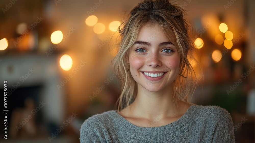 Young woman smiling at the camera, wearing casual clothes, blurred background with bokeh lights, portrait, happy, modern lifestyle Young woman smiling at the camera, wearing casual clothes, blurred background with bokeh lights, portrait, happy, modern lifestyle