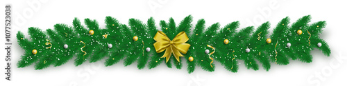 Christmas tree branches banner with lights, beads, golden bow and snow on the isolated background. Realistic green pine-tree branches. New year and Merry Christmas holiday. Vector illustration.
