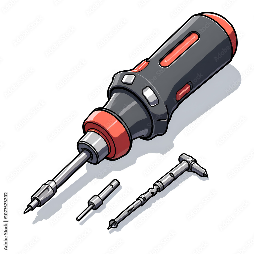 Detailed illustration of a versatile screwdriver with interchangeable bits, digital illustration of product representation concept. Detailed illustration of a versatile screwdriver with interchangeable bits, digital illustration of product representation concept.