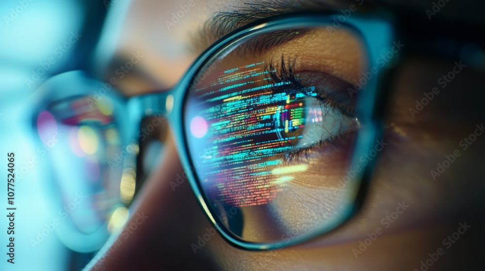 A close-up view of a person's eye reflecting vibrant digital code during a tech workshop