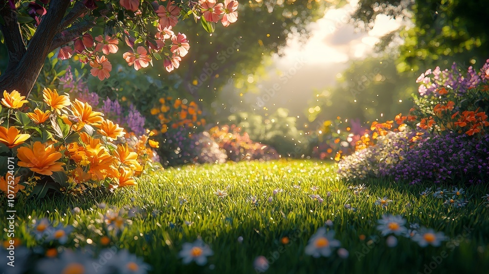 A serene garden scene filled with vibrant flowers and soft sunlight filtering through trees. A serene garden scene filled with vibrant flowers and soft sunlight filtering through trees.