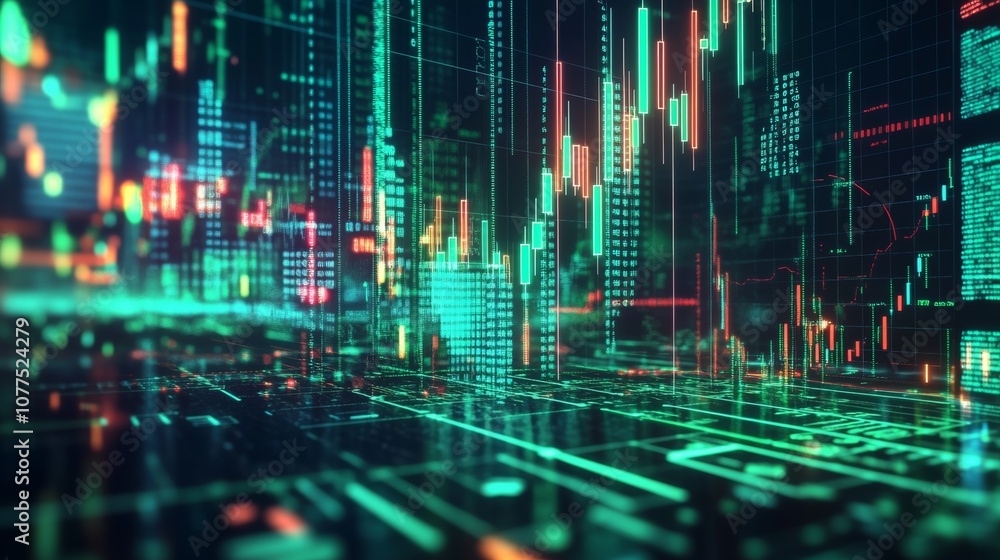 Visual representation of stock market trends and data analytics in a futuristic setting Visual representation of stock market trends and data analytics in a futuristic setting