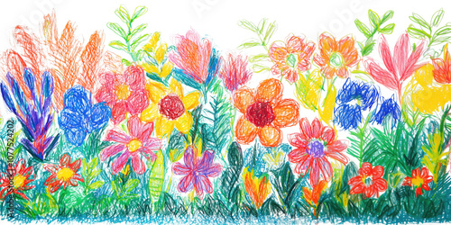 Fototapeta Naklejka Na Ścianę i Meble -  Bright crayon childish drawing of a garden flowers isolated on white
