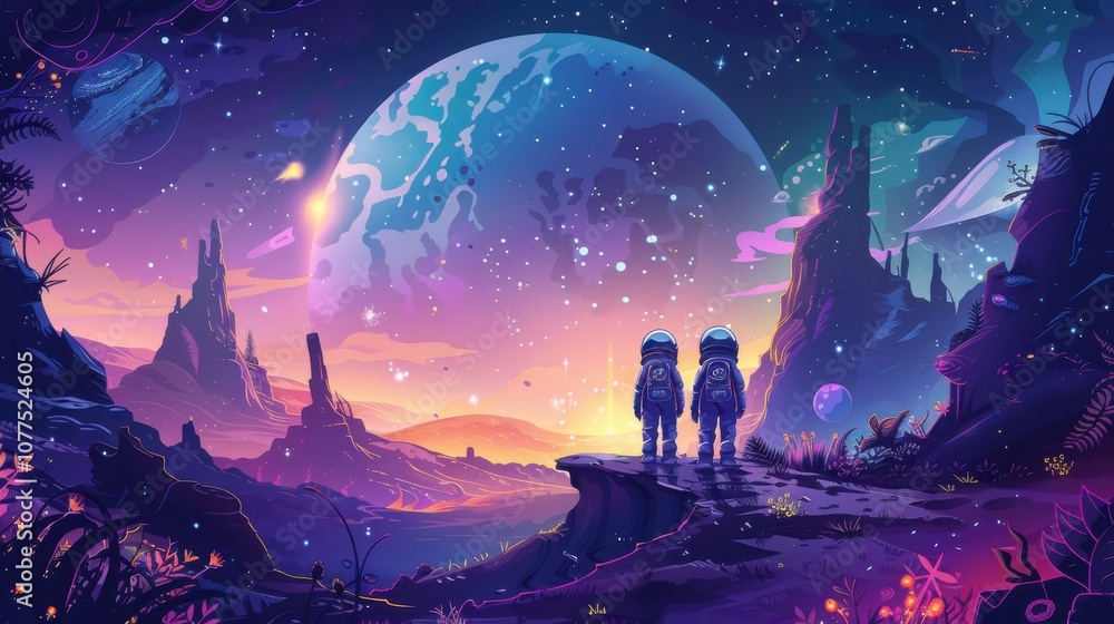 Fototapeta premium Vector graphic of children on a cosmic road trip across the galaxy, visiting planetary landmarks and encountering alien cultures
