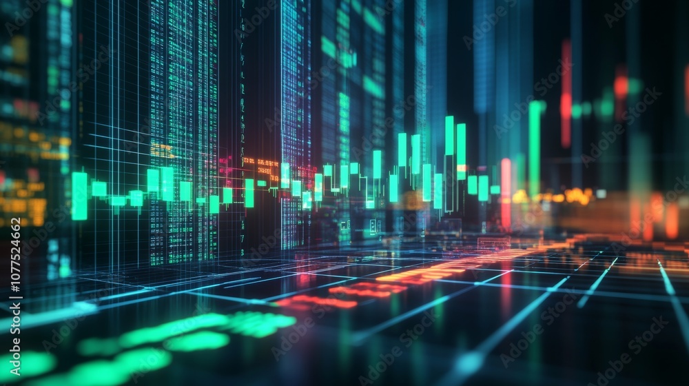 Fototapeta premium Colorful stock market data displayed on a digital screen at night in a trading room