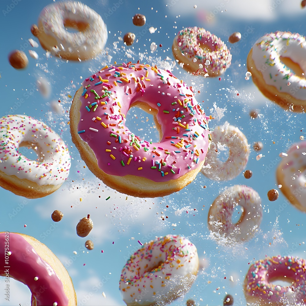 Assorted donuts with sprinkles mid-flight, showing vibrant colors and fun textures, 8K Assorted donuts with sprinkles mid-flight, showing vibrant colors and fun textures, 8K