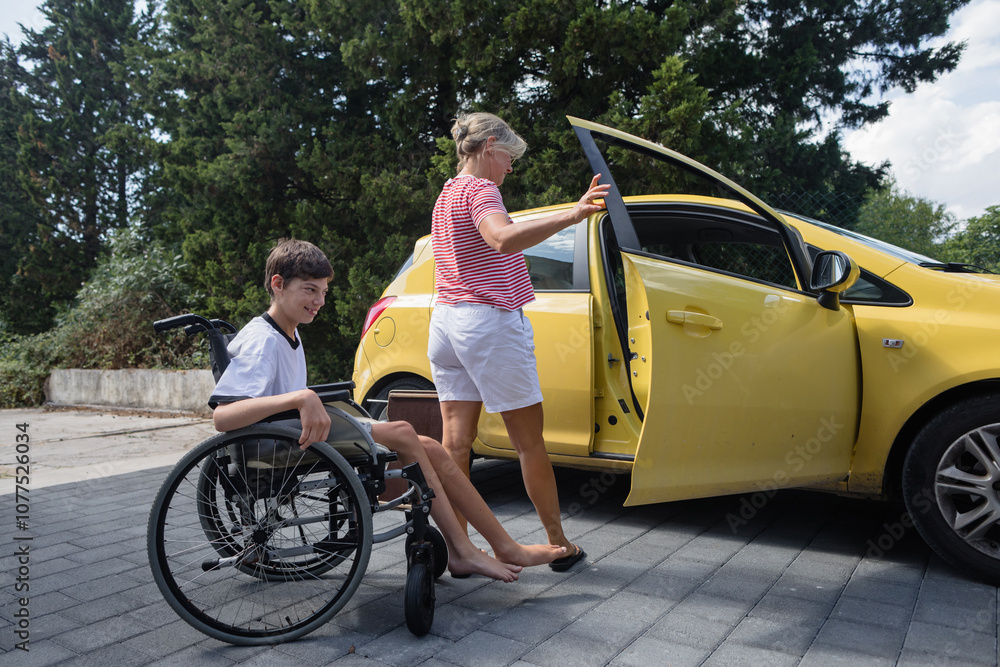 Disabled child ready to car ride Disabled child ready to car ride