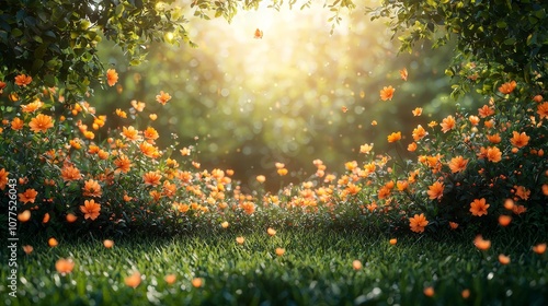 A serene garden scene filled with vibrant orange flowers and soft sunlight filtering through trees.