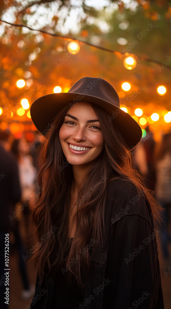 A young woman wearing a black jacket and hat smiles for the camera in front of a string of lights A young woman wearing a black jacket and hat smiles for the camera in front of a string of lights