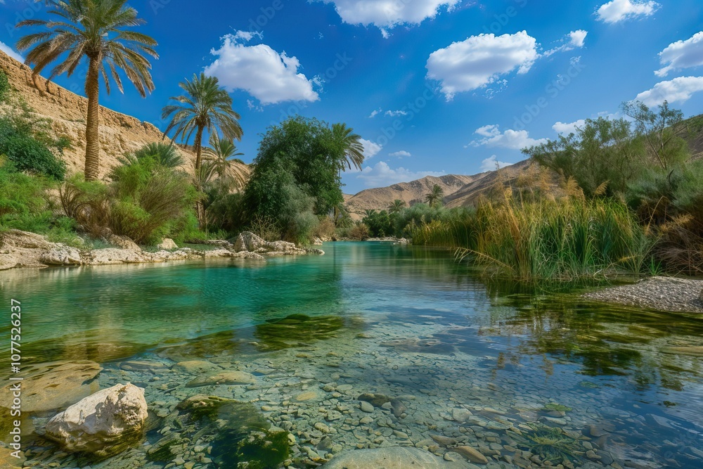 Obraz premium Serene Oasis with Palm Trees and Clear Water in Desert Landscape under Blue Sky