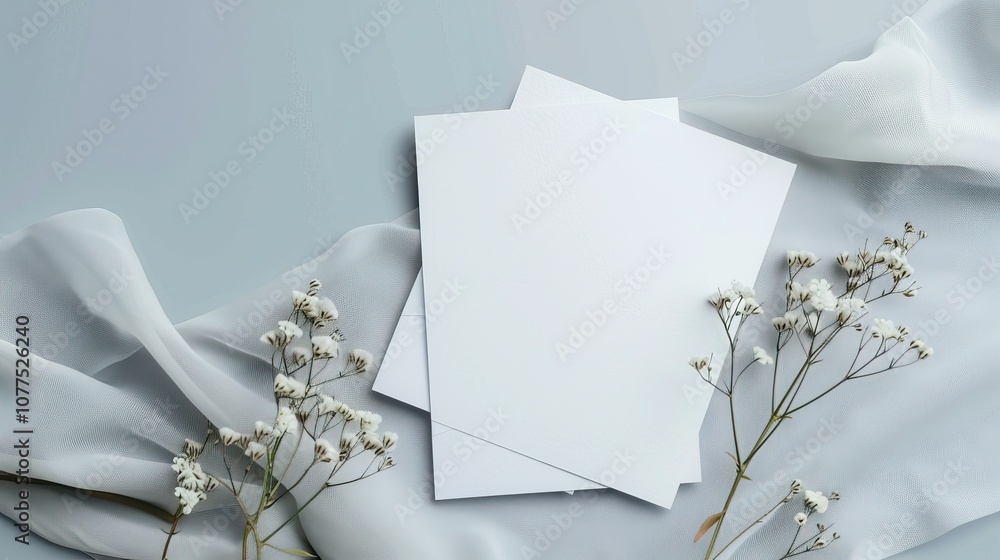 Elegant Blank Invitation Cards on Soft Fabric with Delicate White Flowers for Wedding or Event Mockup Elegant Blank Invitation Cards on Soft Fabric with Delicate White Flowers for Wedding or Event Mockup