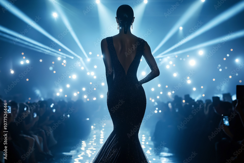 Tall model in an evening couture dress with a unique cut, posing against glowing spotlights and a glamorous crowd at the fashion show. Tall model in an evening couture dress with a unique cut, posing against glowing spotlights and a glamorous crowd at the fashion show.