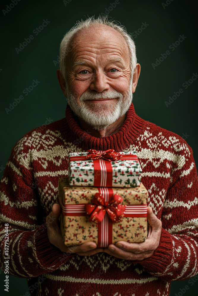 Festive Portrait of Scandinavian Elderly Male Wearing Wool Knit Sweater With Red And White Patterns Holding Christmas Gift Festive Portrait of Scandinavian Elderly Male Wearing Wool Knit Sweater With Red And White Patterns Holding Christmas Gift