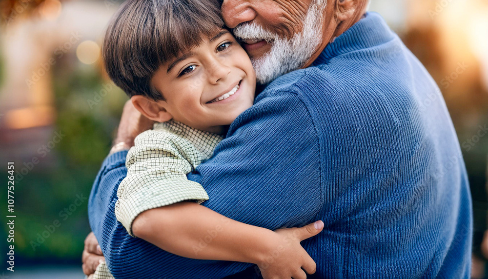 Fototapeta premium Close-up of a grandfather hugging his granddaughter