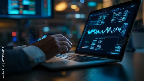 Analyzing stock market trends on a laptop in a modern office setting during evening hours