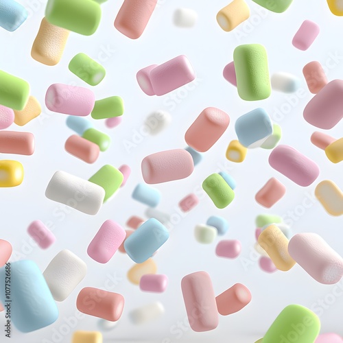 Flying marshmallows in assorted colors and shapes, creating a soft, whimsical effect, 8K