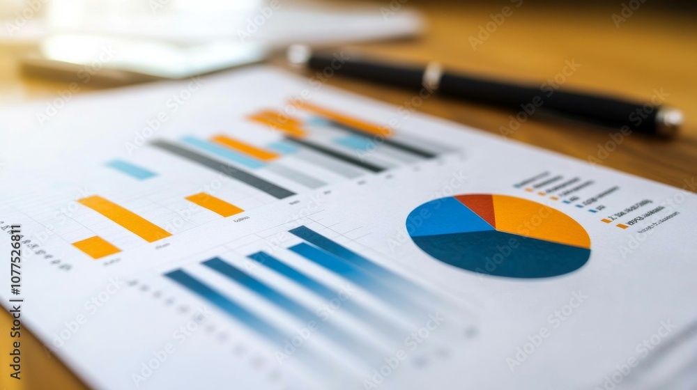 Analyzing business performance through detailed graphs and charts on a wooden desk Analyzing business performance through detailed graphs and charts on a wooden desk