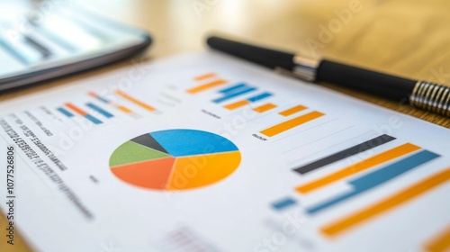 Detailed business report featuring colorful charts and graphs on a wooden desk during daylight