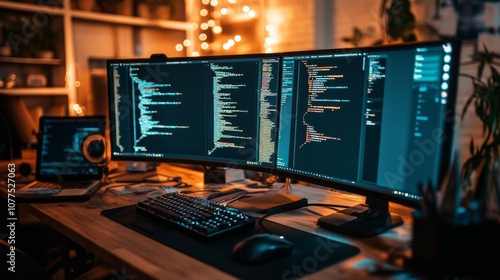 Wallpaper Mural A cozy workspace featuring dual monitors with complex coding projects in a dimly lit room Torontodigital.ca