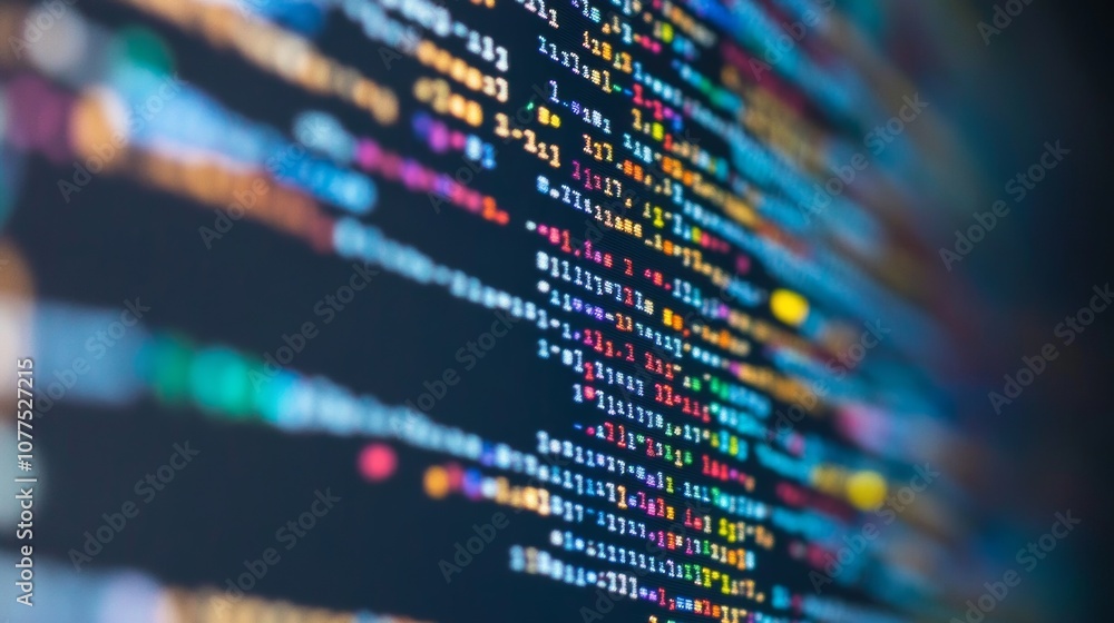 Colorful binary code patterns displayed on a dark background showcasing digital information Colorful binary code patterns displayed on a dark background showcasing digital information