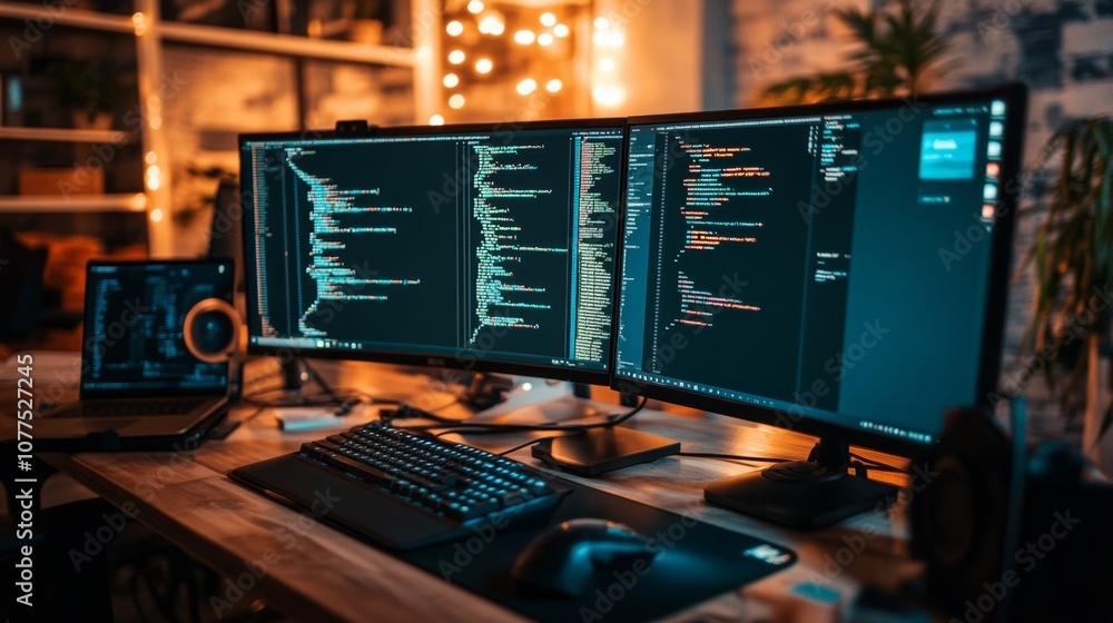 Dual monitor setup in a cozy workspace with code displayed at night Dual monitor setup in a cozy workspace with code displayed at night
