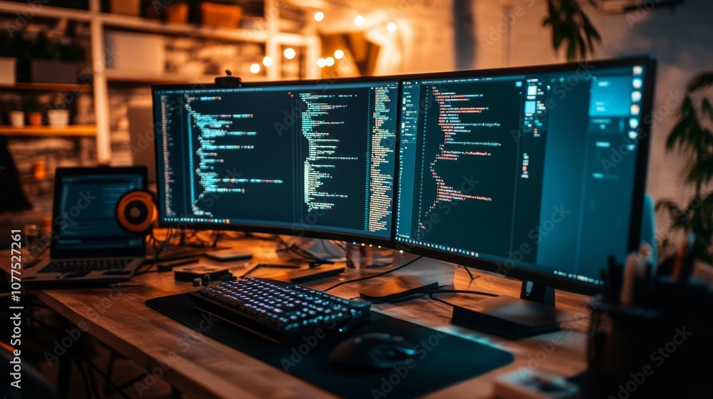 Workspace with dual monitors displaying code in a cozy tech environment during evening hours Workspace with dual monitors displaying code in a cozy tech environment during evening hours