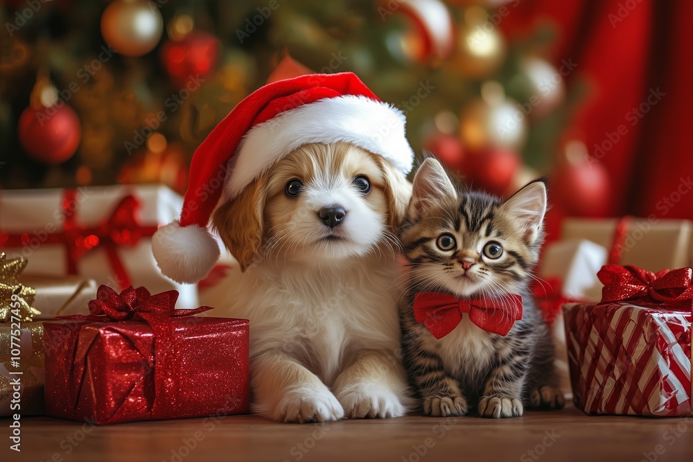 Adorable Puppy and Kitten in Christmas Costumes Next to Presents Adorable Puppy and Kitten in Christmas Costumes Next to Presents