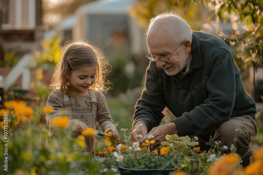 Gardening Moments: Grandfather and Granddaughter Sharing Time Among Flowers Gardening Moments: Grandfather and Granddaughter Sharing Time Among Flowers