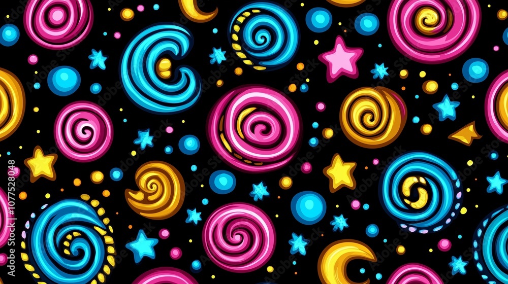 Fototapeta premium Colorful background with many swirls and stars. The swirls are in different colors and sizes, and the stars are scattered throughout the image. Scene is playful and whimsical