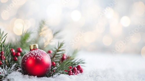 Red Christmas Ornament with Yew branch against a bright background for advertisement or marketing.