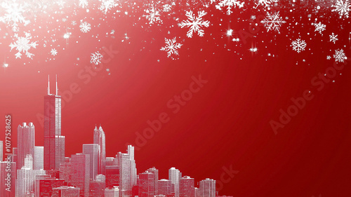 Chicago city skyline themed Christmas background with the city in white with snowflakes overhead against a red background.